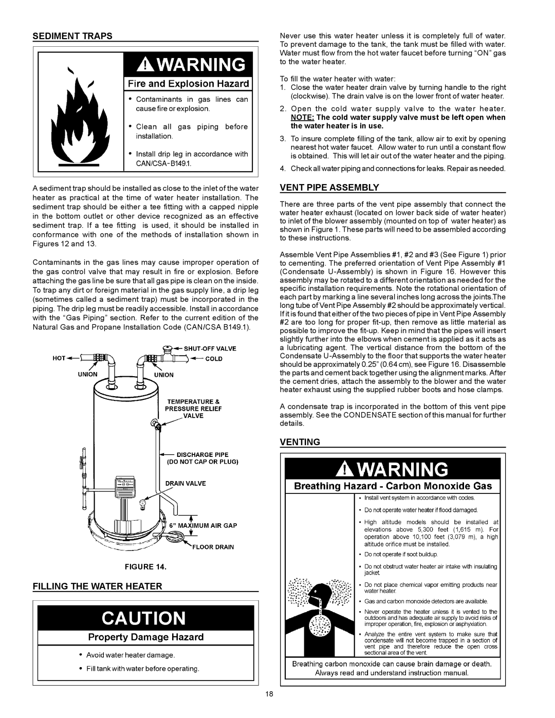 Enviro 6G50 76N instruction manual Sediment Traps, Filling the Water Heater, Vent Pipe Assembly, Venting 