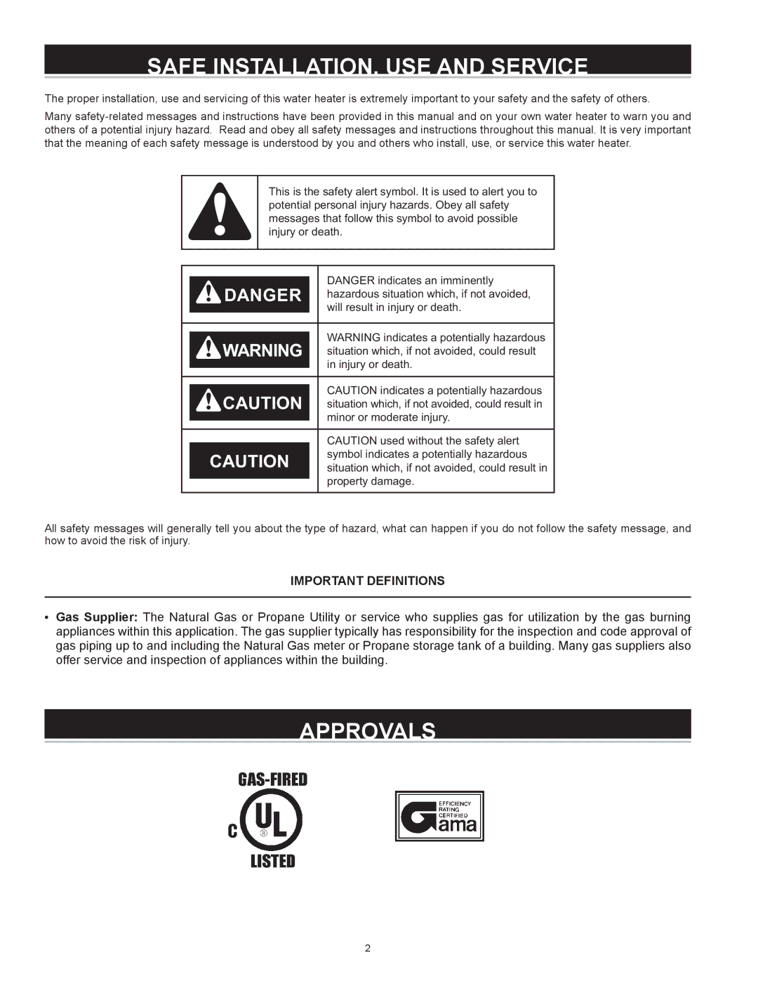 Enviro 6G50 76N instruction manual Safe INSTALLATION, USE and Service, Approvals, Important Definitions 