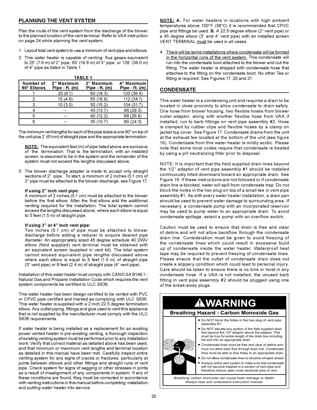 Enviro 6G50 76N instruction manual Planning the Vent System, Condensate, Breathing Hazard Carbon Monoxide Gas 