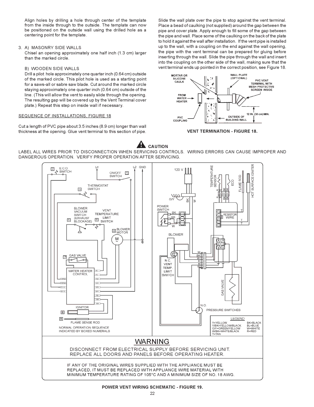 Enviro 6G50 76N instruction manual Vent Termination Figure, Power Vent Wiring Schematic Figure 