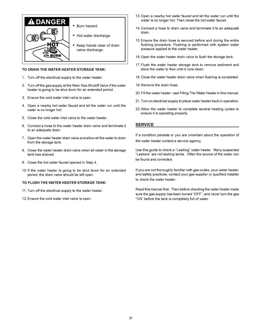 Enviro 6G50 76N instruction manual Service, To Drain the Water Heater Storage Tank, To Flush the Water Heater Storage Tank 