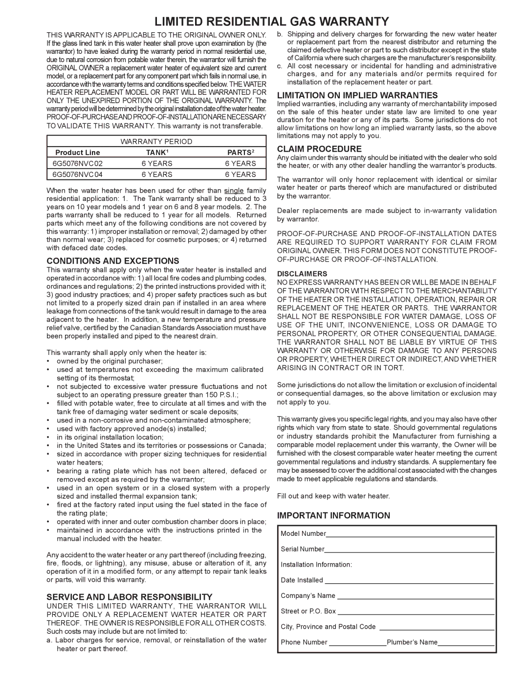 Enviro 6G50 76N Conditions and Exceptions, Service and Labor Responsibility, Limitation on Implied Warranties 