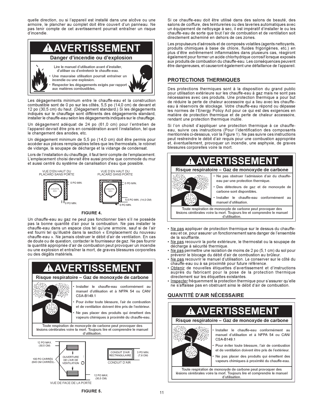 Enviro 6G50 76N instruction manual Protections Thermiques, Quantité d’air Nécessaire 