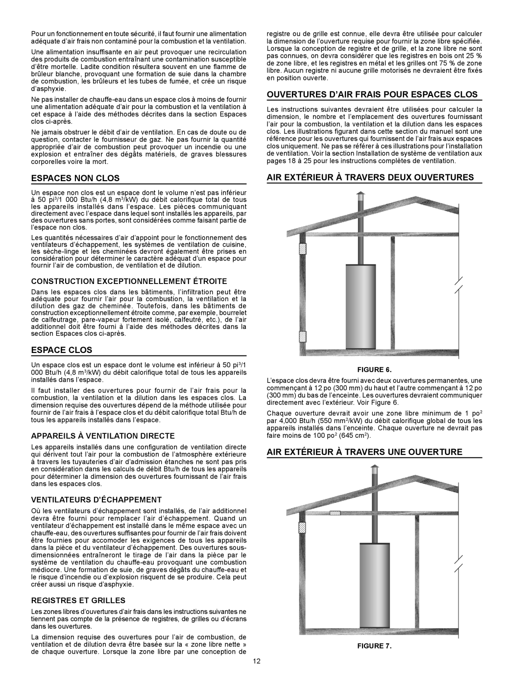 Enviro 6G50 76N instruction manual Espaces non clos, Espace Clos, Ouvertures d’air frais pour espaces clos 