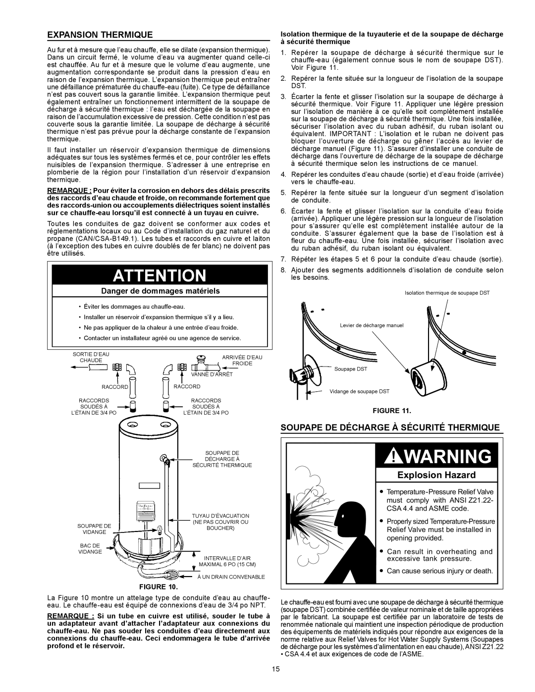 Enviro 6G50 76N instruction manual Expansion thermique, Soupape de décharge à sécurité thermique 