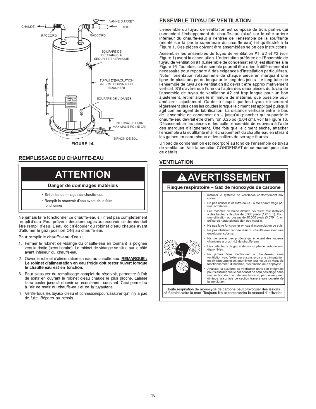 Enviro 6G50 76N instruction manual Remplissage du chauffe-eau, Ensemble Tuyau DE Ventilation 