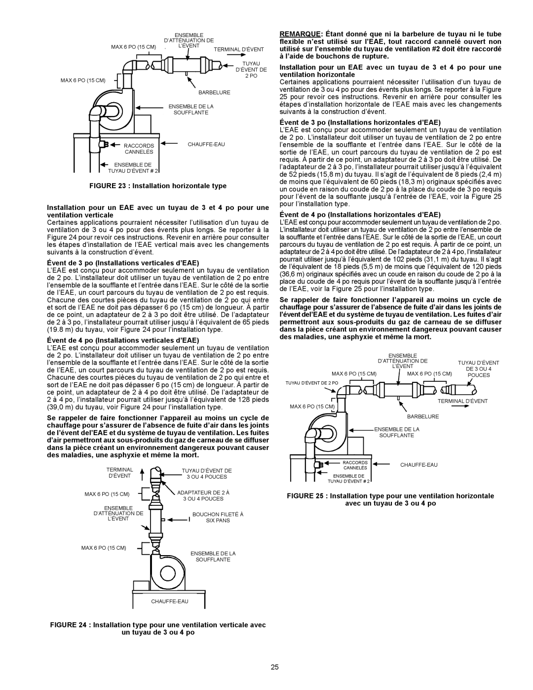 Enviro 6G50 76N Évent de 3 po Installations horizontales d’EAE, Évent de 3 po Installations verticales d’EAE 