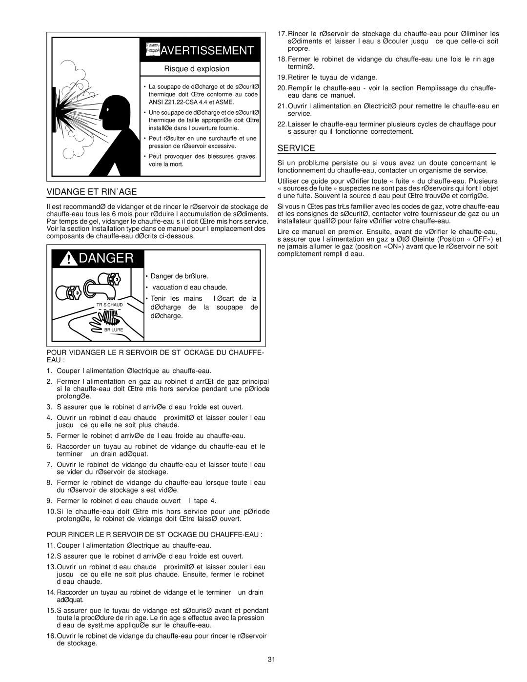 Enviro 6G50 76N instruction manual Vidange ET Rinçage, Pour Vidanger LE Réservoir DE Stockage DU CHAUFFE- EAU 