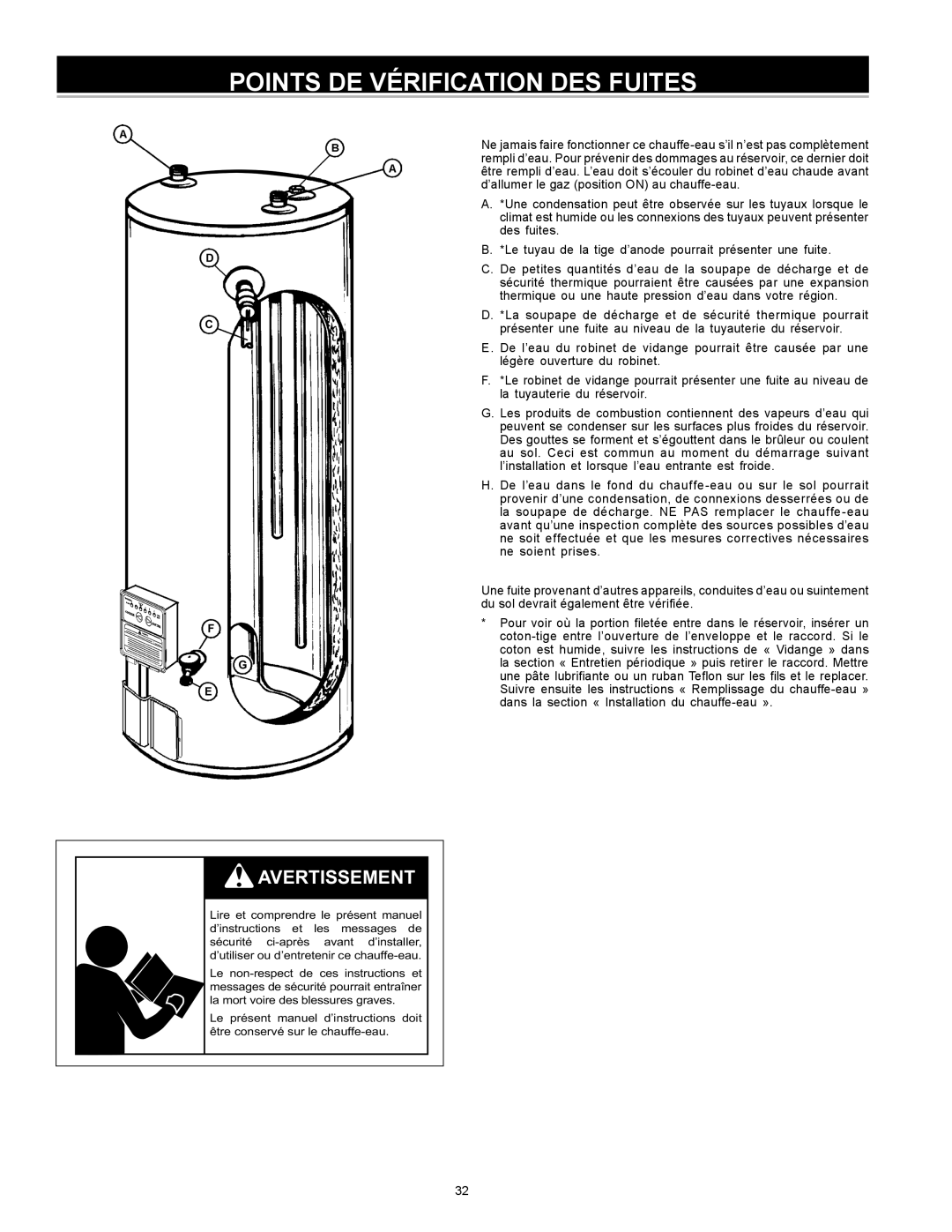 Enviro 6G50 76N instruction manual Points DE Vérification DES Fuites 