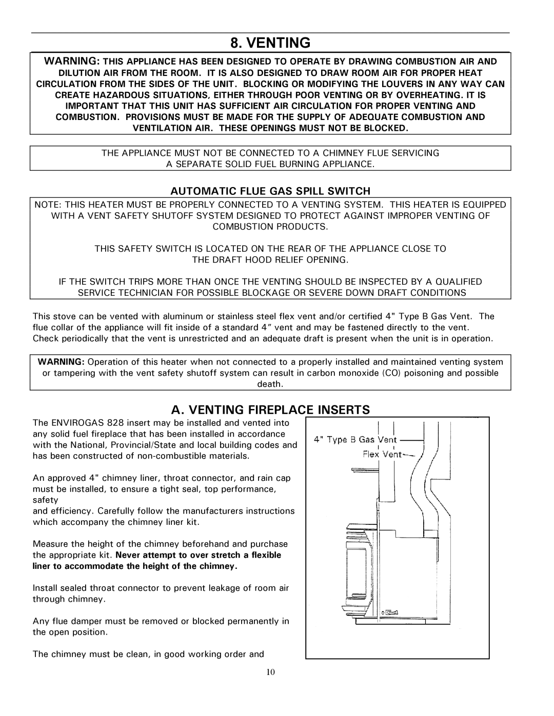 Enviro 828 BV. FS, 828 BV. INS owner manual Venting, Automatic Flue GAS Spill Switch 