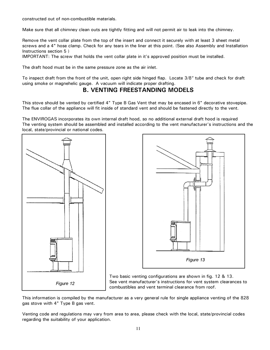 Enviro 828 BV. INS, 828 BV. FS owner manual Venting Freestanding Models 