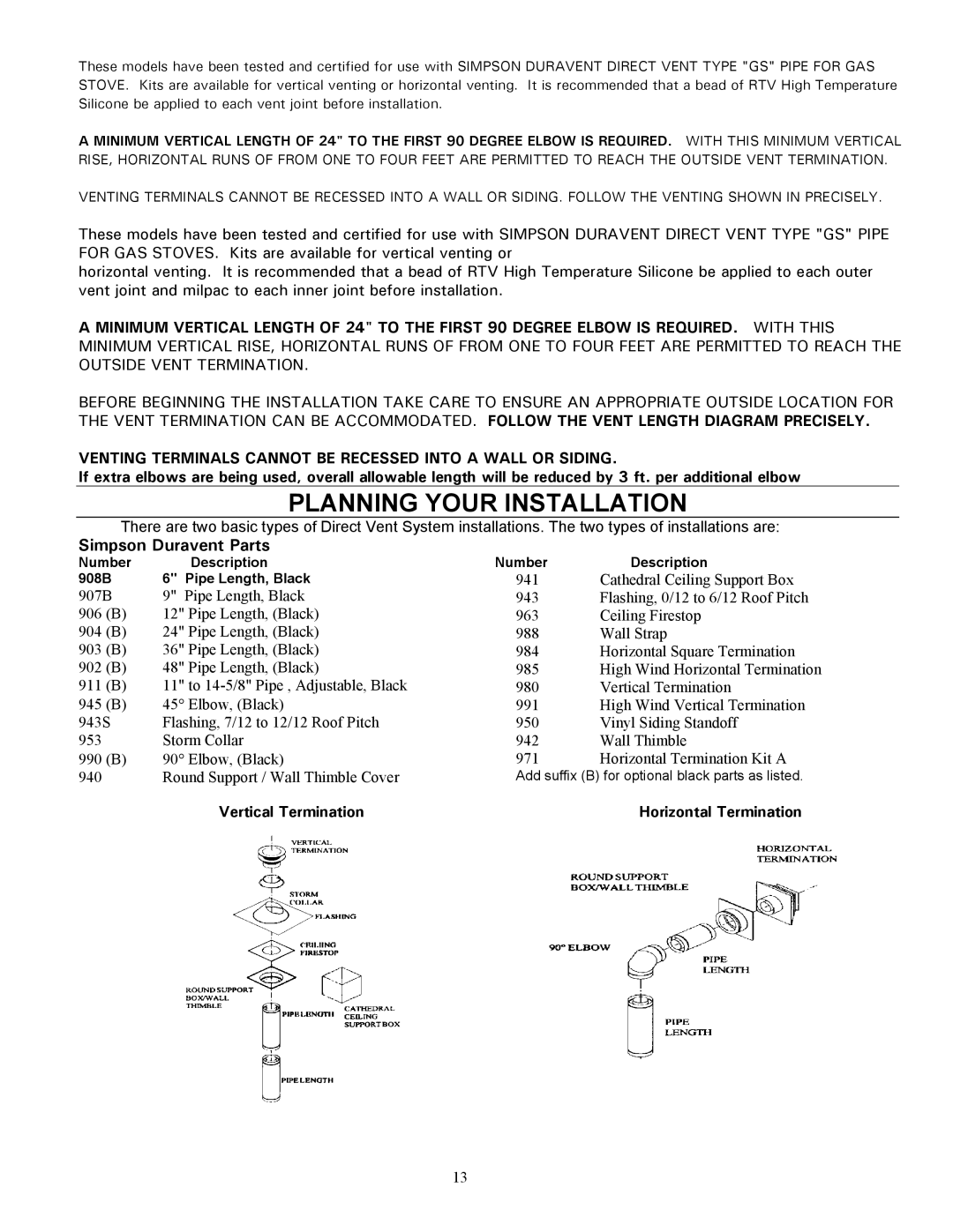 Enviro 828 DV.INS, 828 MH, 828 DV.FS Planning Your Installation, Venting Terminals Cannot be Recessed Into a Wall or Siding 