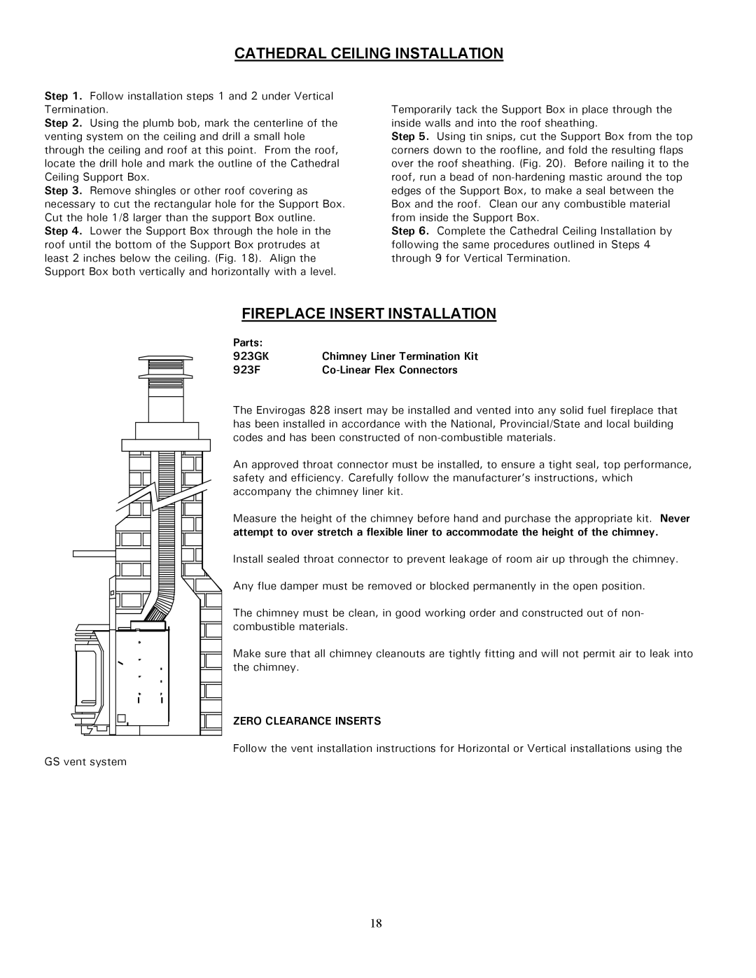 Enviro 828 MH Cathedral Ceiling Installation, Fireplace Insert Installation, Parts 923GK, 923F Co-Linear Flex Connectors 