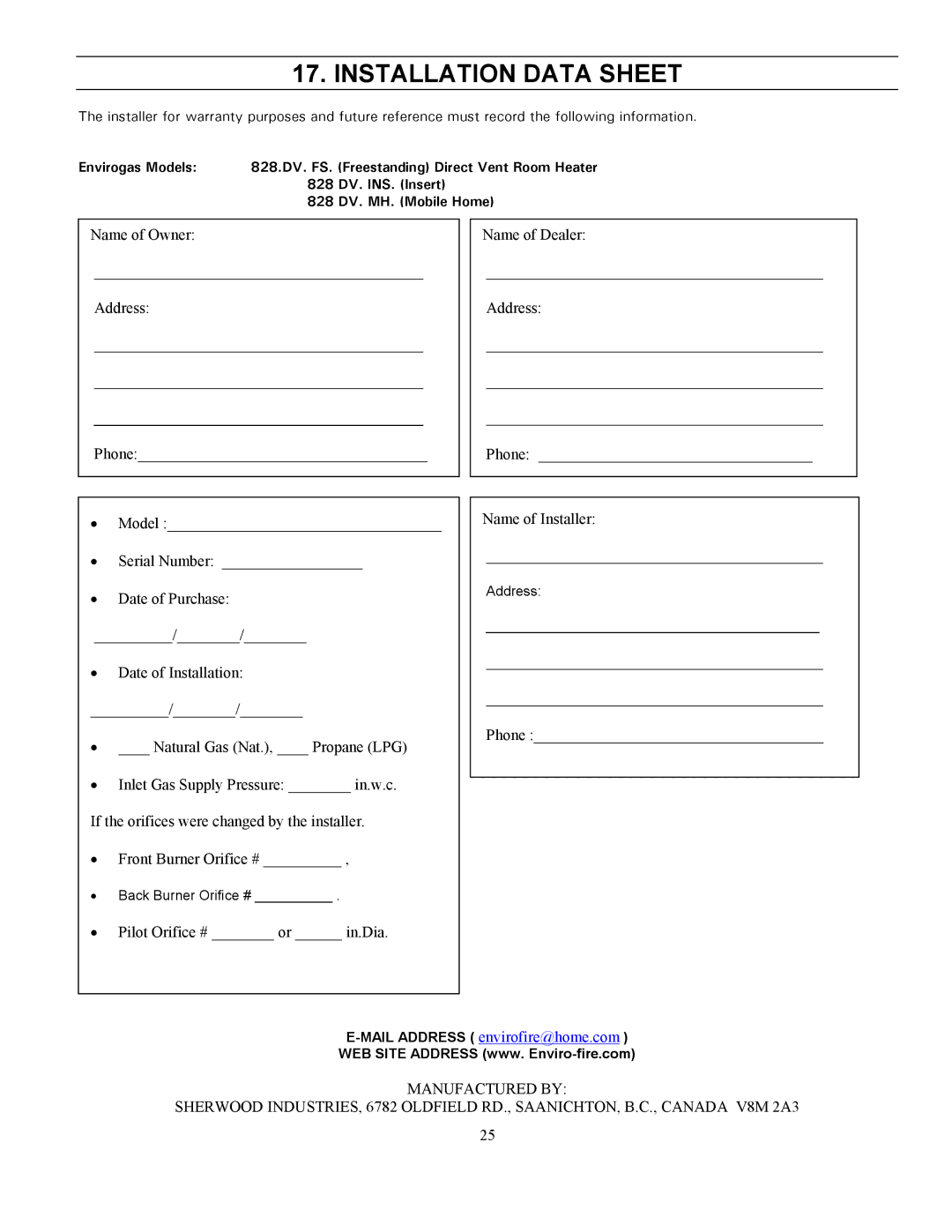 Enviro 828 DV.INS, 828 MH, 828 DV.FS owner manual Installation Data Sheet, Mail Address envirofire@home.com 