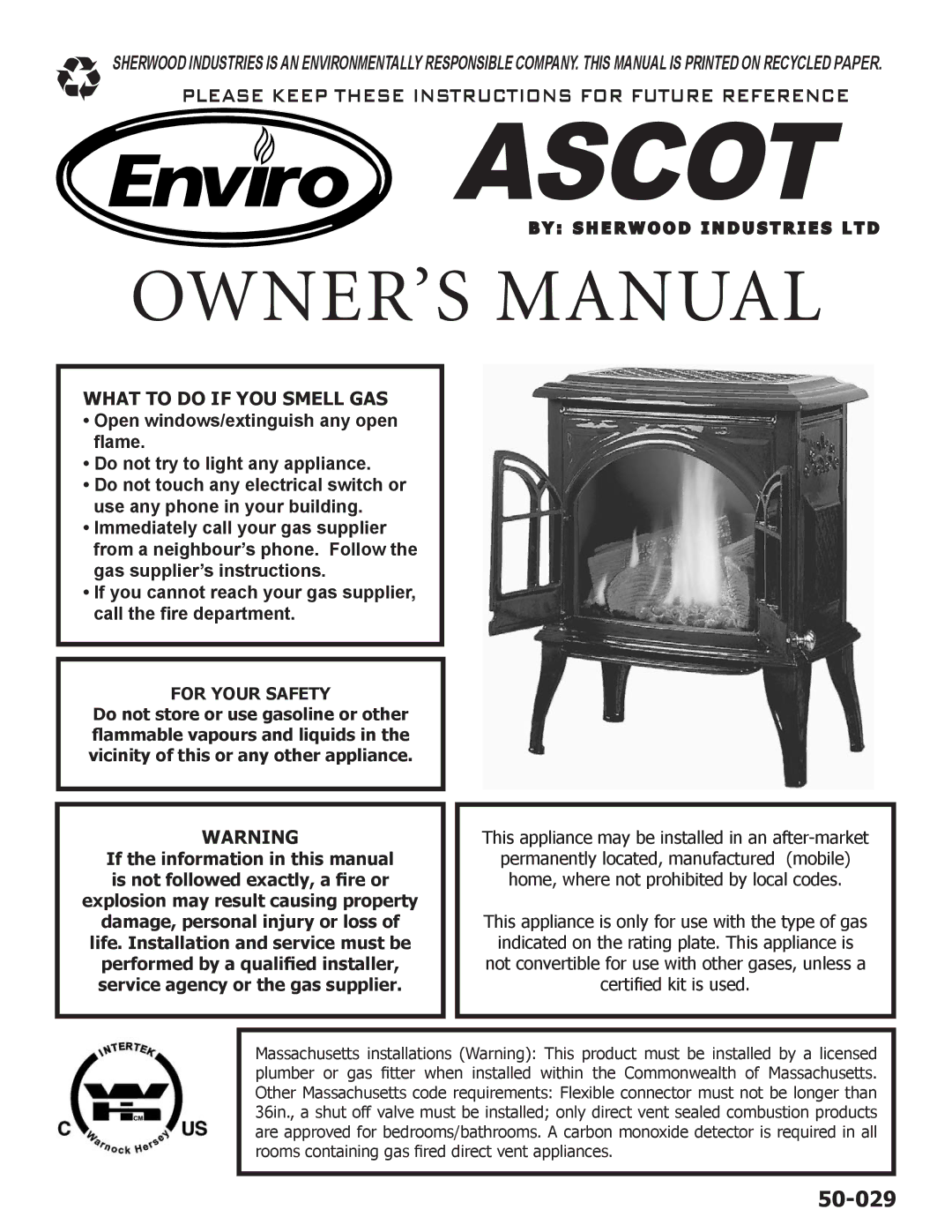 Enviro Ascot owner manual What to do if YOU Smell GAS, For Your Safety 