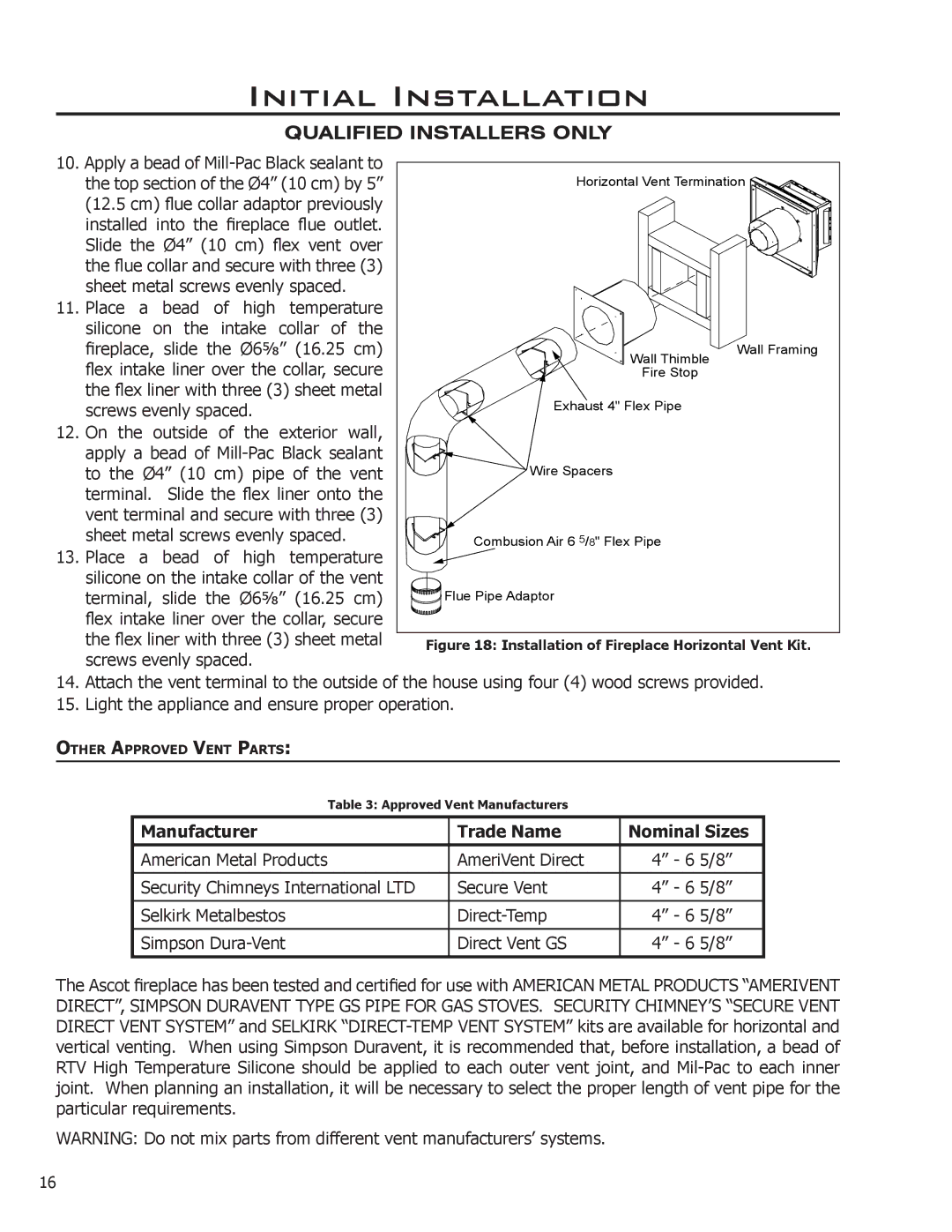 Enviro Ascot owner manual Manufacturer Trade Name Nominal Sizes, Installation of Fireplace Horizontal Vent Kit 