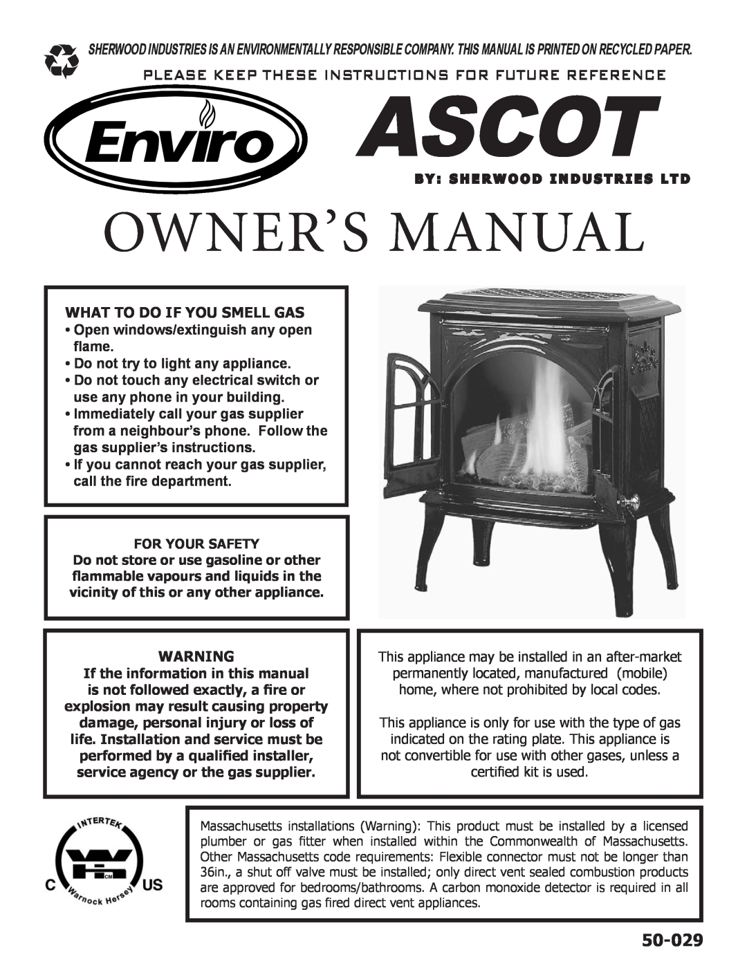 Enviro Ascot owner manual What To Do If You Smell Gas, 50-029 