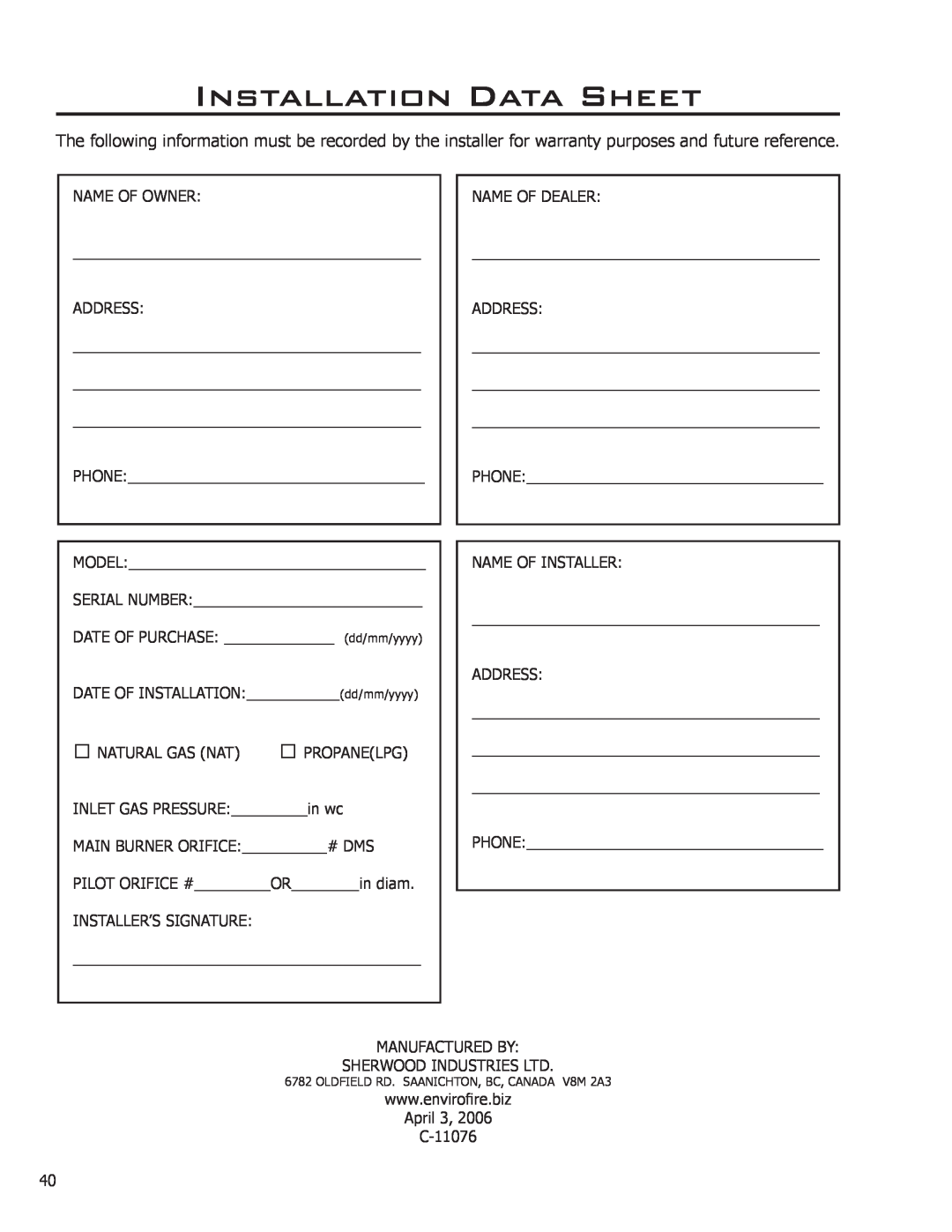 Enviro Ascot owner manual Installation Data Sheet 