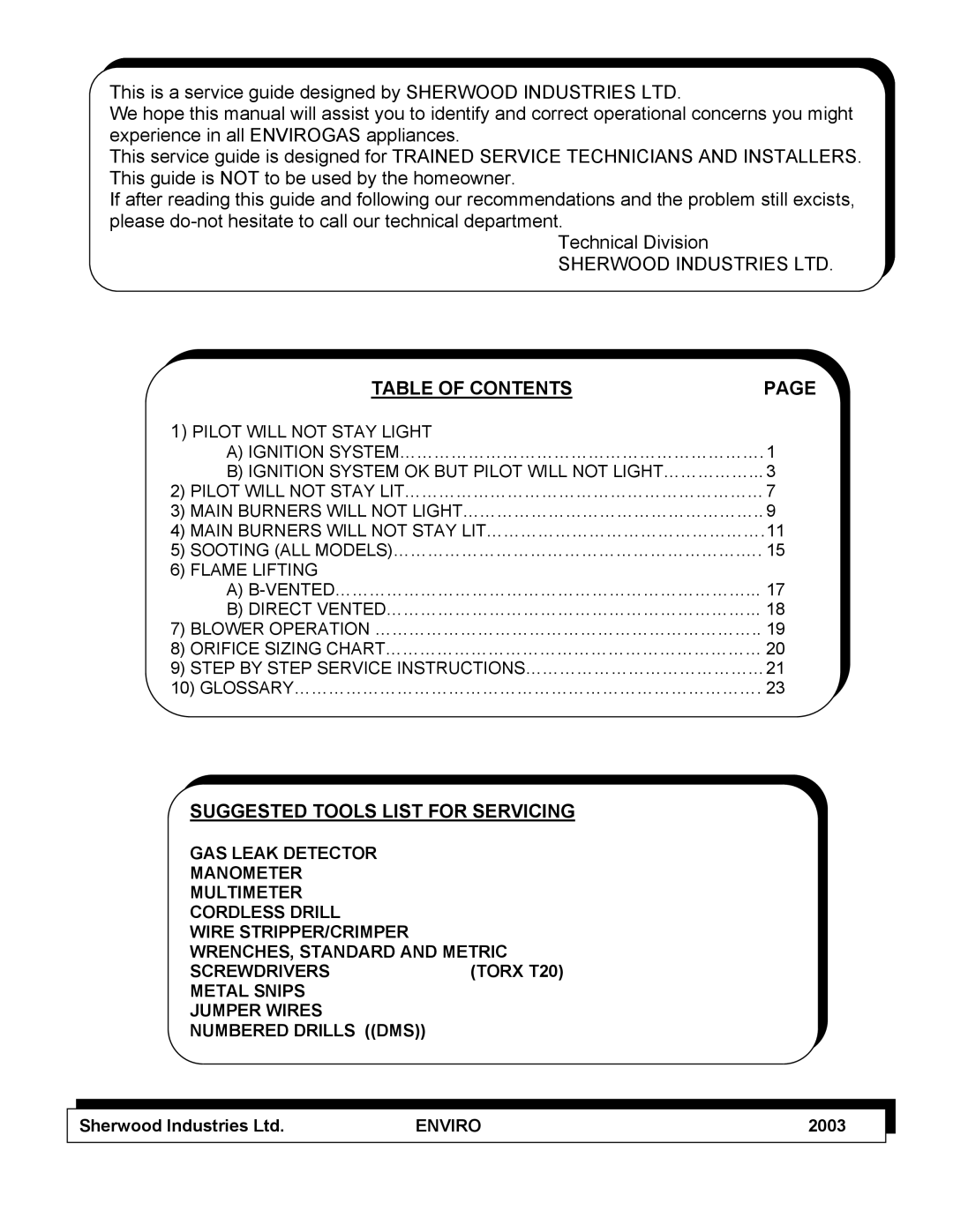 Enviro C-10100 service manual Table of Contents, Suggested Tools List for Servicing 