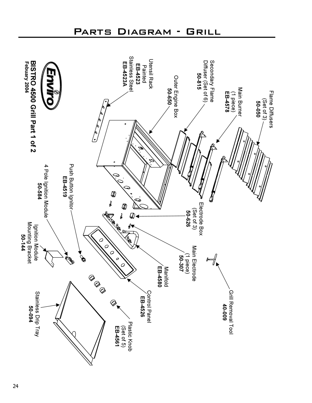 Enviro C-10124 owner manual GrillDiagramParts, Bistro 4500 Grill Part 1 