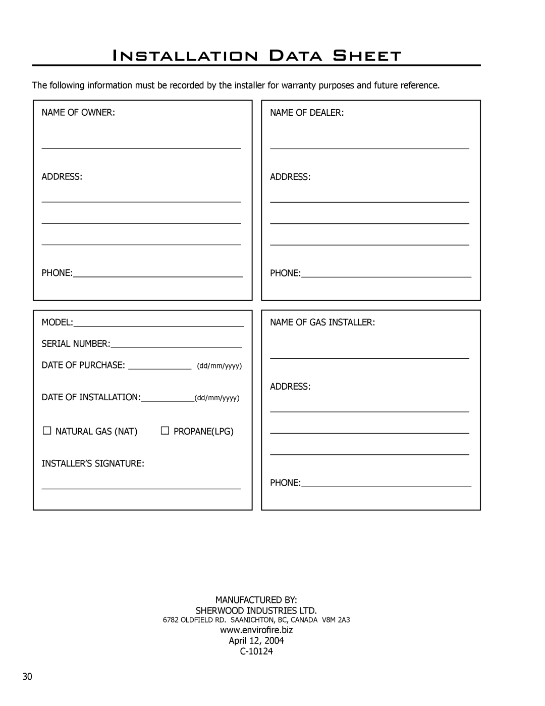 Enviro C-10124 owner manual Installation Data Sheet 