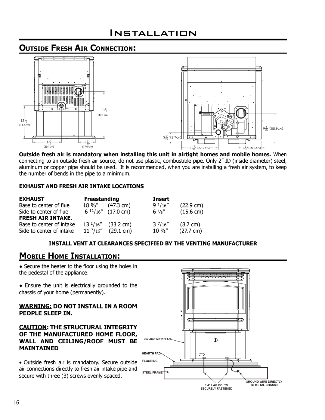 Enviro C-10135 owner manual Outside Fresh AIR Connection, Mobile Home Installation, Freestanding Insert 