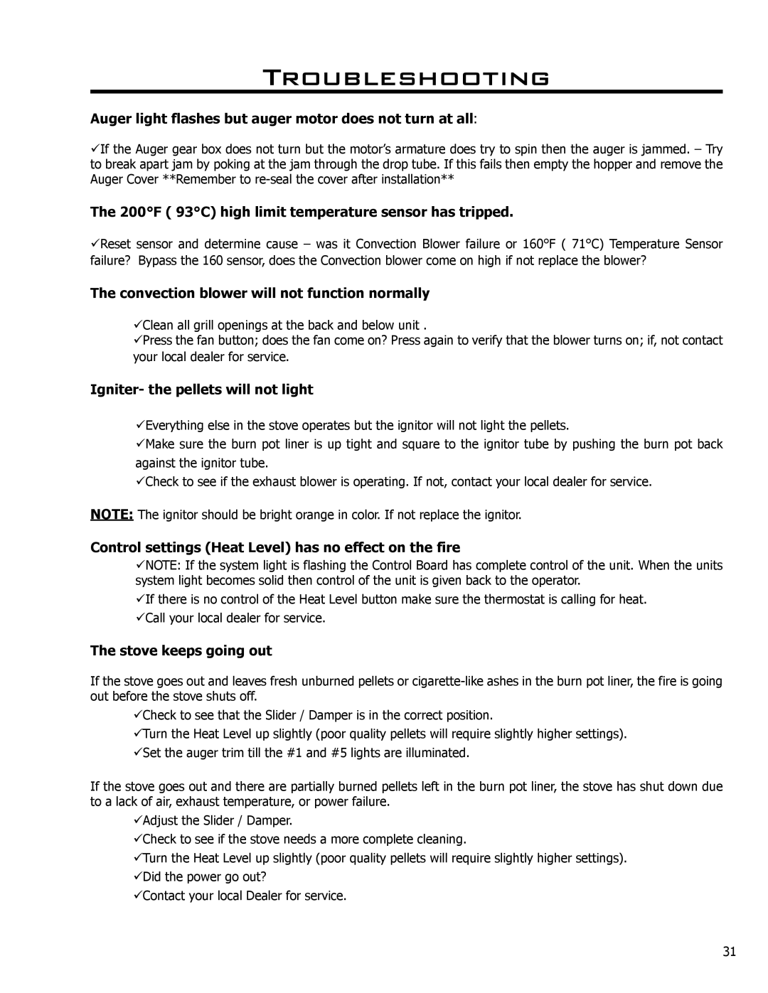 Enviro C-10135 owner manual Auger light flashes but auger motor does not turn at all 