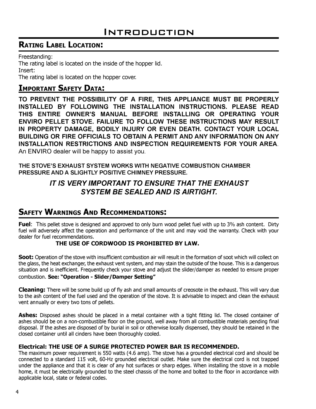 Enviro C-10135 owner manual Rating Label Location, Important Safety Data, Safety Warnings and Recommendations 