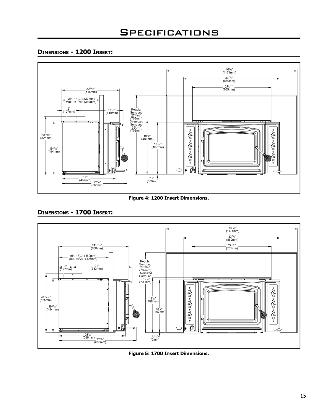 Enviro 1700 Fireplace Insert, C-10240, 1700 Freestanding, 1200 Fireplace Insert, 1200 Freestanding, 50-1040 Insert Dimensions 