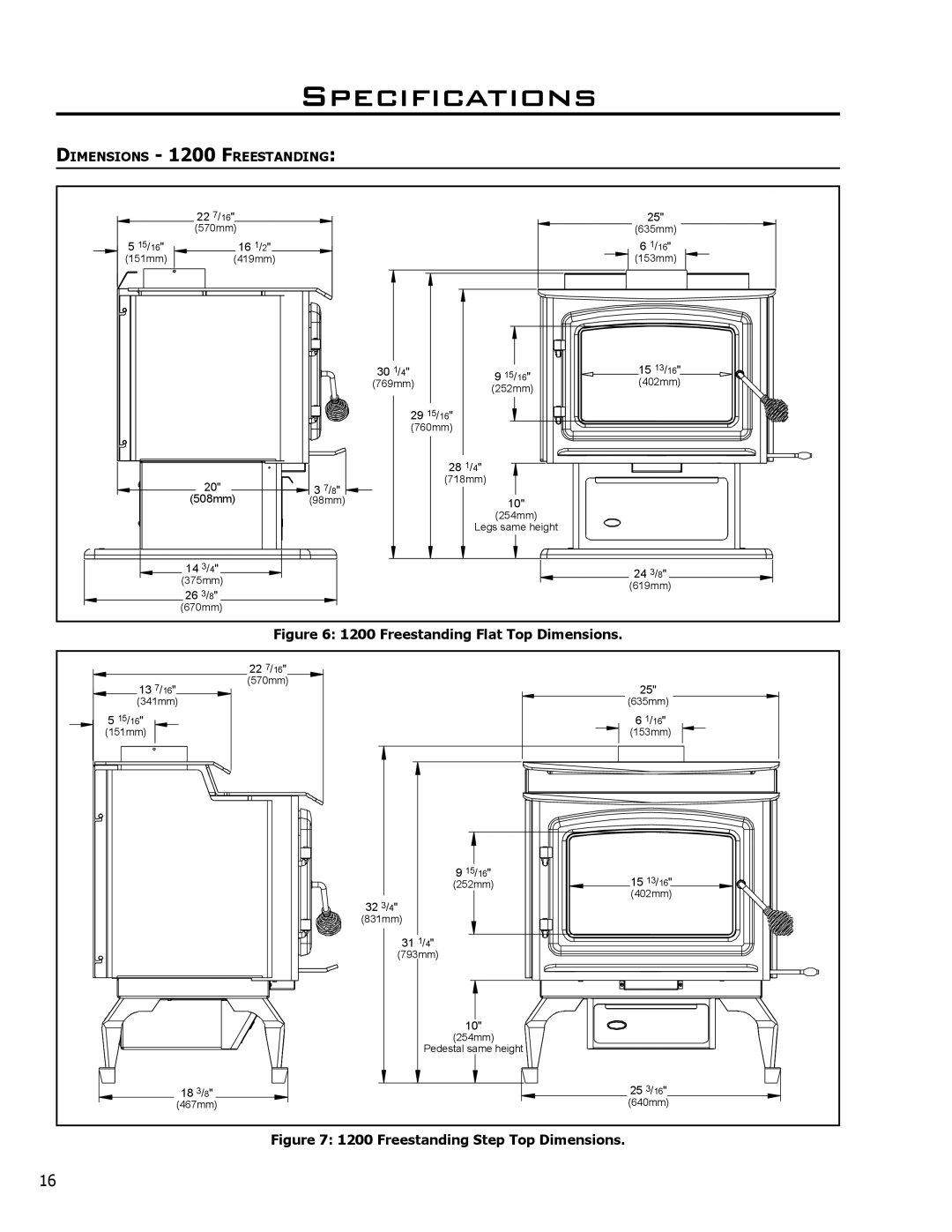 Enviro 1200 Freestanding, C-10240, 1700 Freestanding, 1200 Fireplace Insert, 50-1040 Freestanding Flat Top Dimensions 