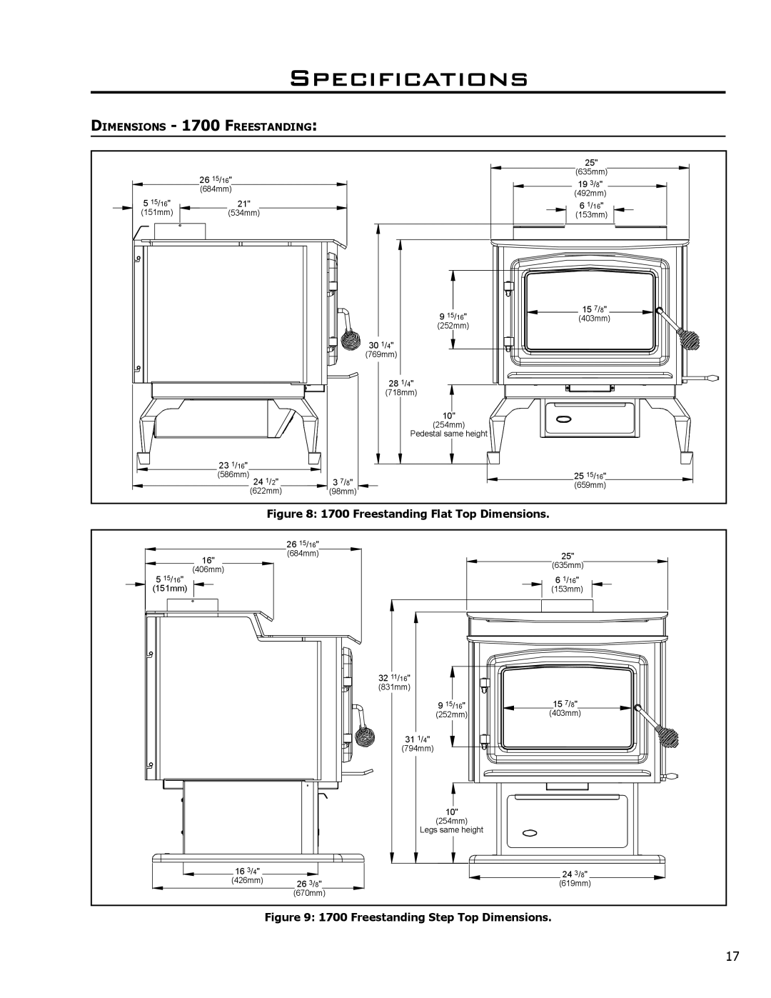 Enviro 50-1040, C-10240, 1700 Freestanding, 1200 Fireplace Insert, 1700 Fireplace Insert Freestanding Flat Top Dimensions 