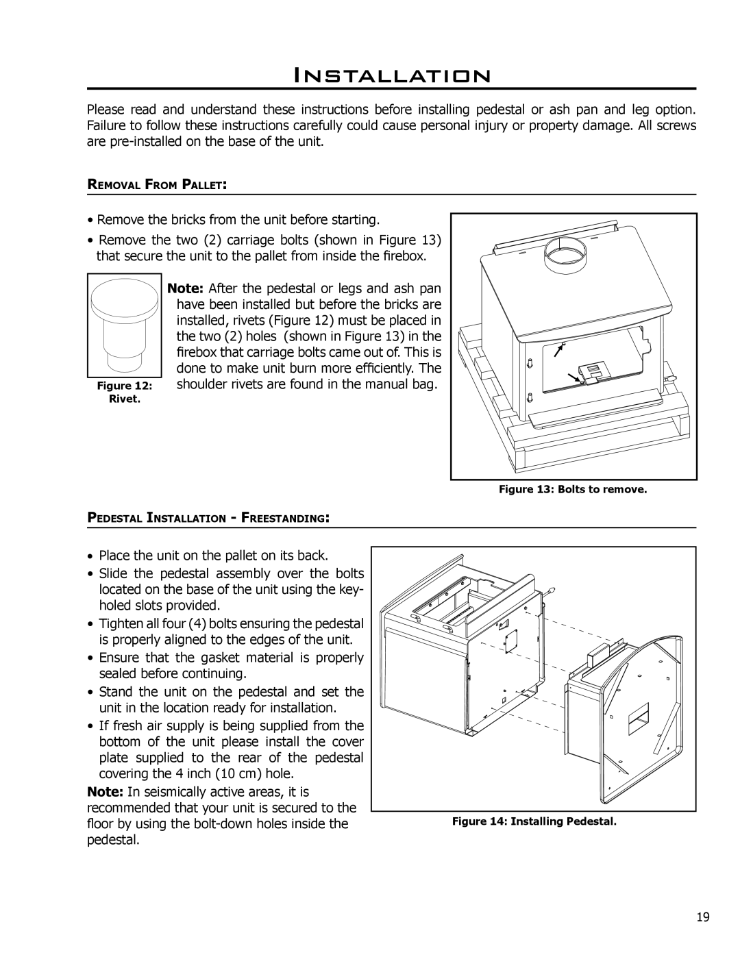 Enviro 1700 Freestanding, C-10240, 1200 Fireplace Insert, 1700 Fireplace Insert, 50-1040 Installation, Bolts to remove 