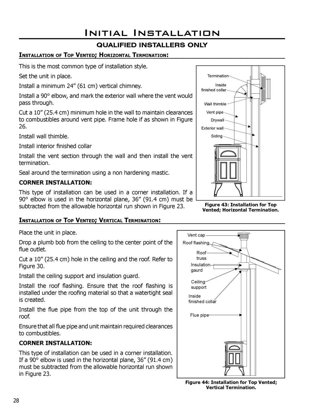 Enviro C-10381, C-11290 owner manual Corner Installation, Installation for Top Vented Horizontal Termination 