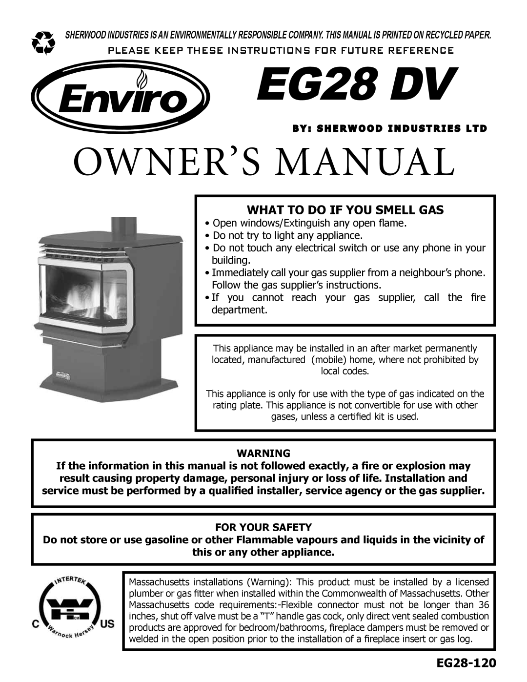 Enviro C-10450 owner manual EG28 DV, S H E R W O O D I N D U S T R I E S L T D 