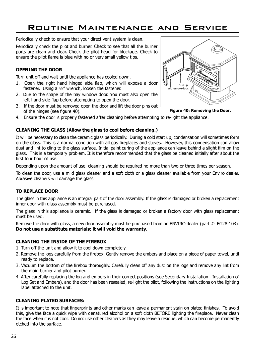 Enviro C-10450 Routine Maintenance and Service, Opening the Door, To Replace Door, Cleaning the Inside of the Firebox 