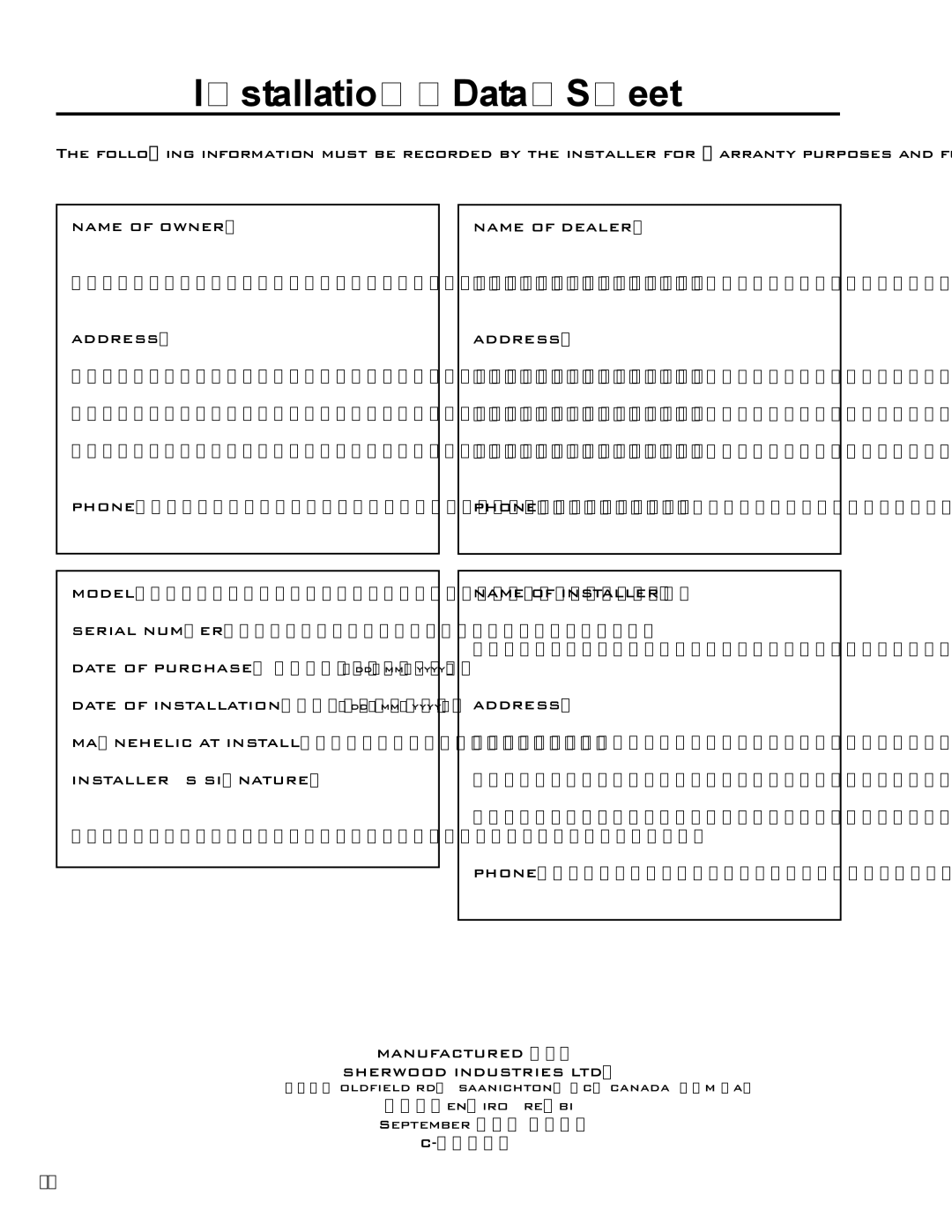 Enviro C-10608 owner manual Installation Data Sheet, Name of Owner Address 