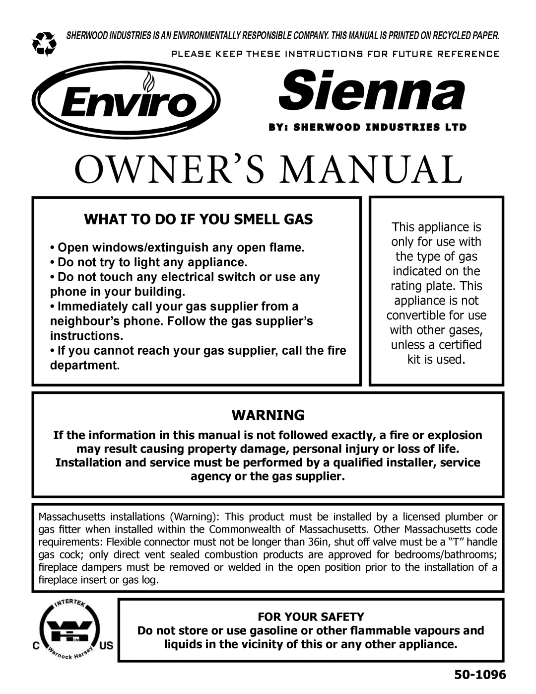 Enviro 50-1096, C-10637 owner manual What to do if YOU Smell GAS 