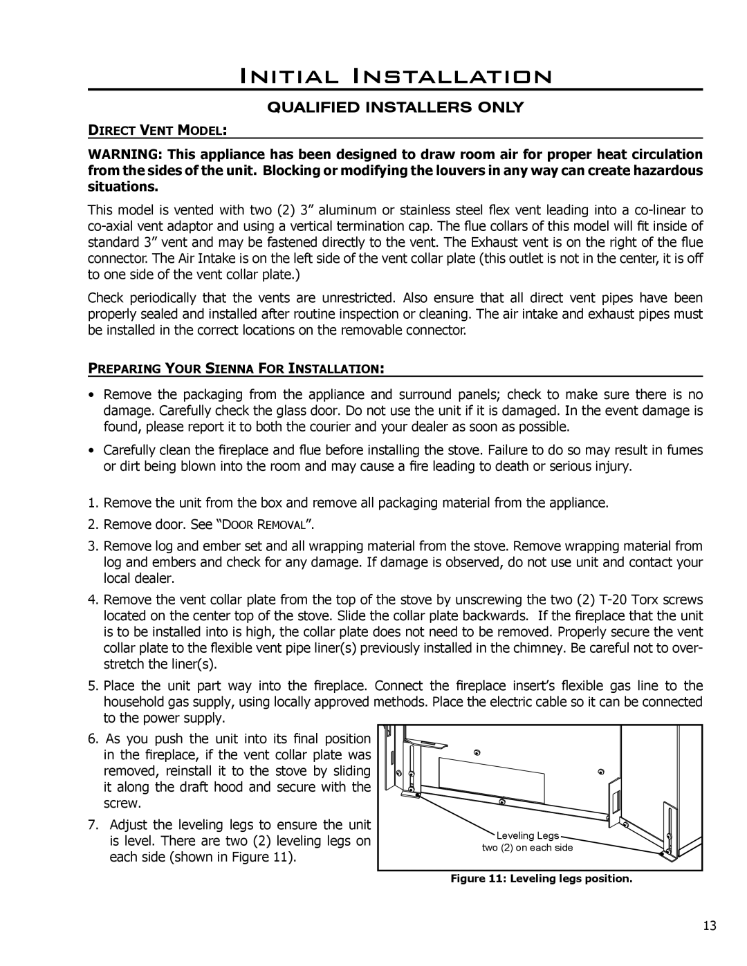 Enviro 50-1096, C-10637 owner manual Direct Vent Model, Preparing Your Sienna for Installation 