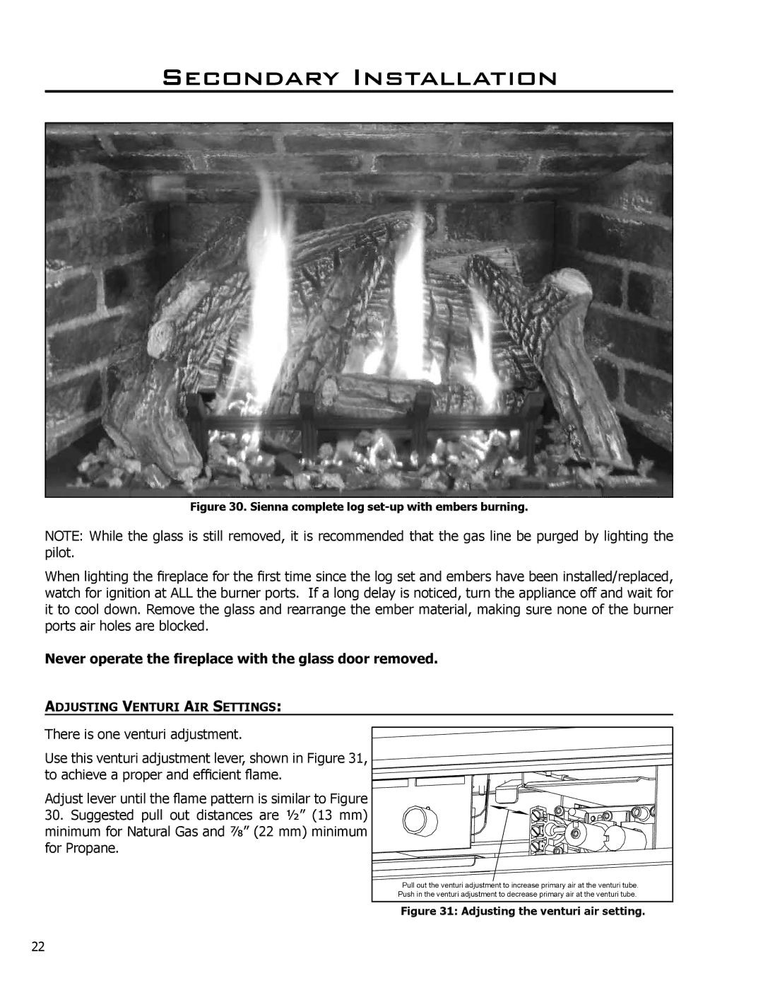 Enviro C-10637, 50-1096 owner manual Never operate the fireplace with the glass door removed, Adjusting Venturi AIR Settings 