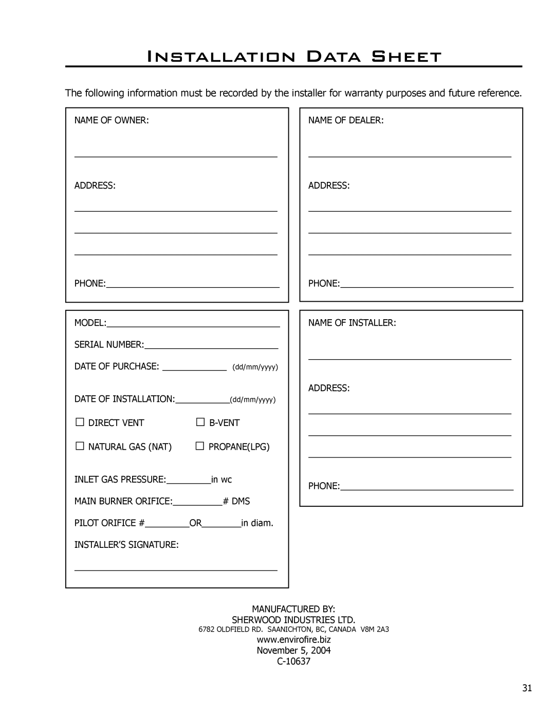 Enviro 50-1096, C-10637 owner manual Installation Data Sheet 