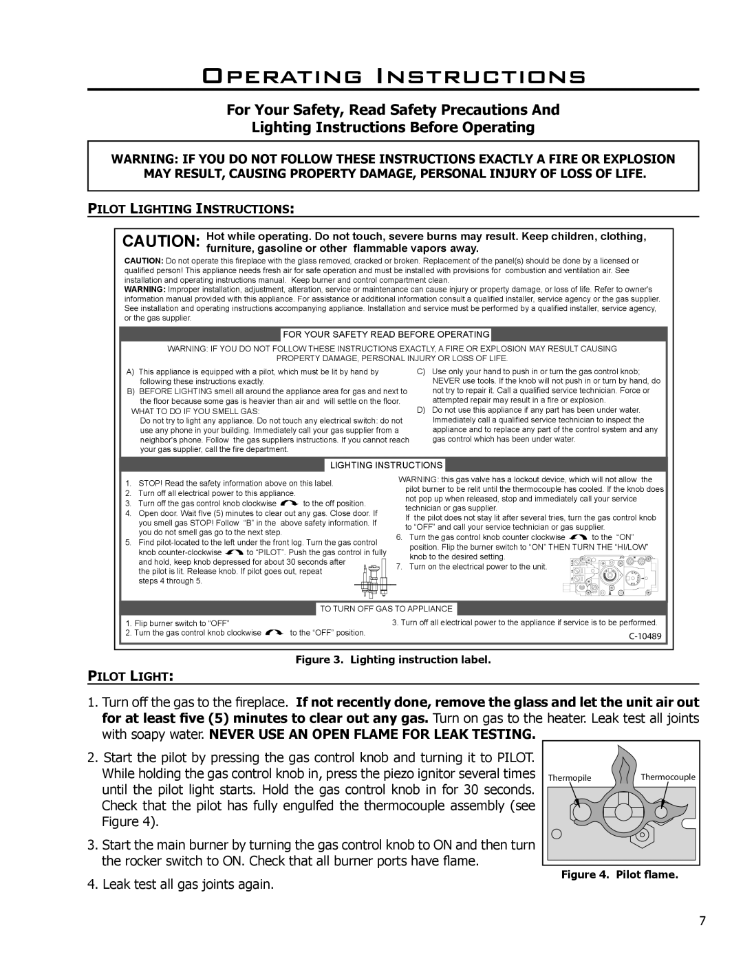 Enviro 50-1096, C-10637 owner manual Operating Instructions, Pilot Lighting Instructions 