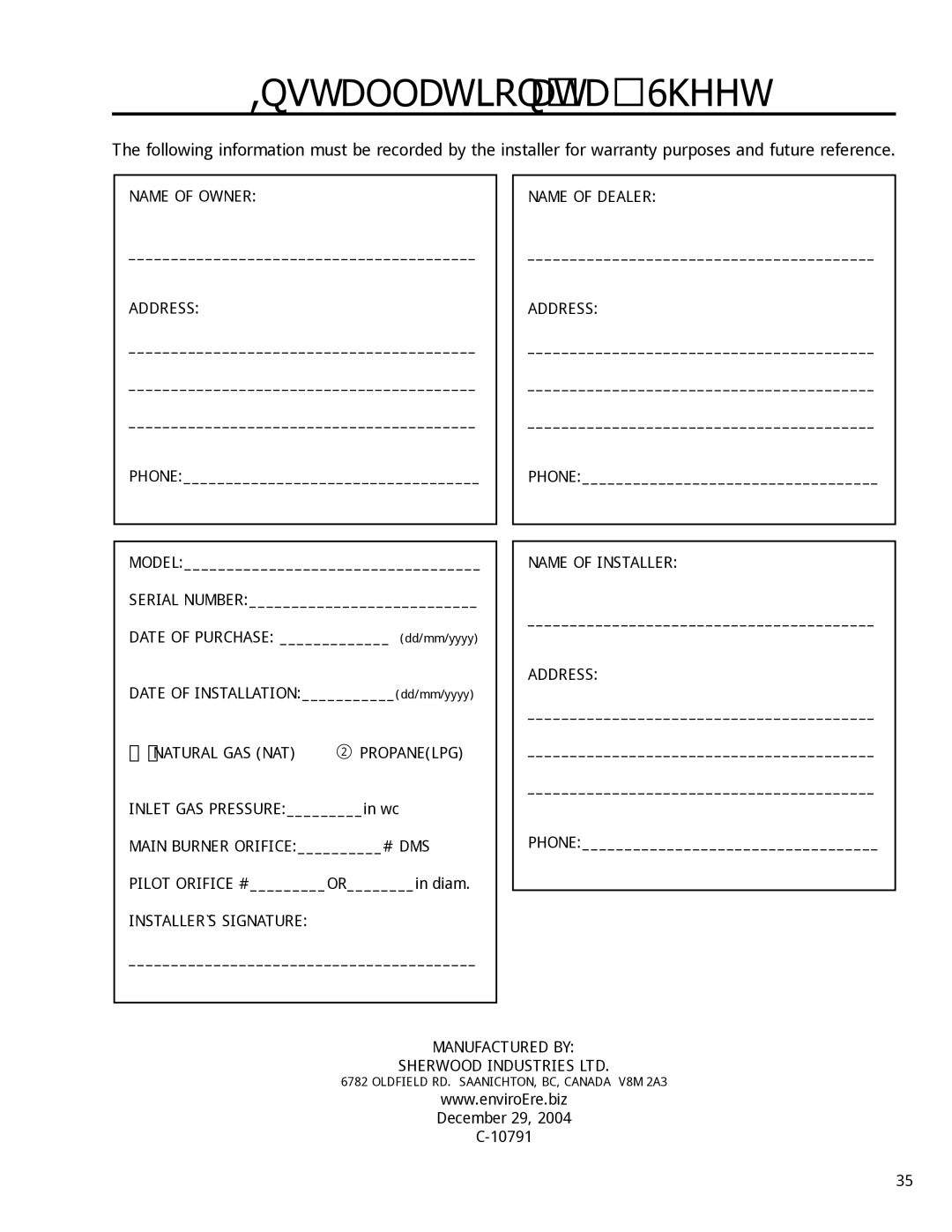 Enviro 50-927, C-10791 owner manual Installation Data Sheet 