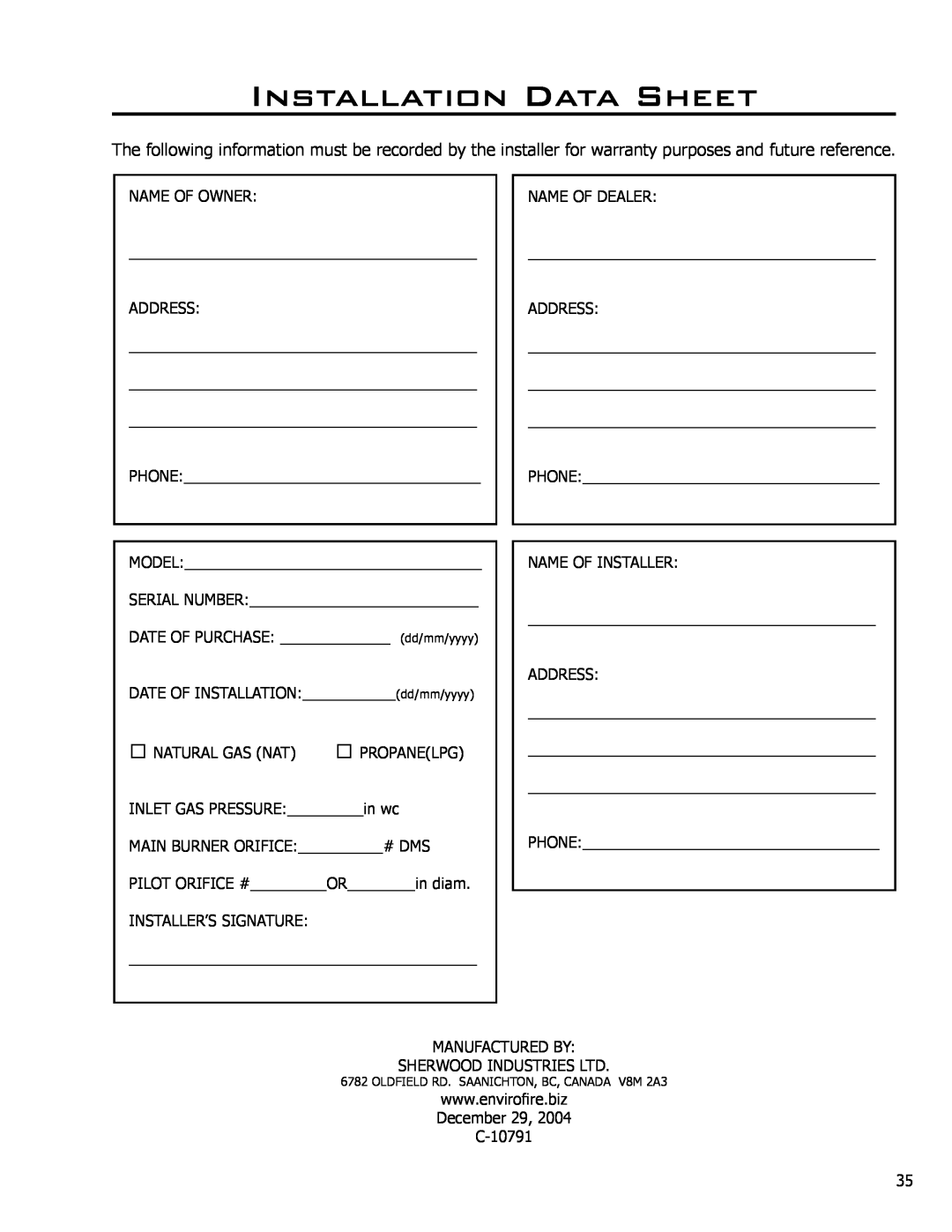 Enviro 50-927, C-10791 owner manual Installation Data Sheet 