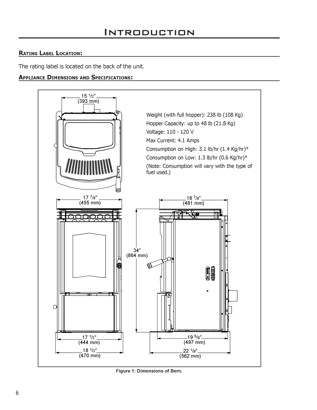 Enviro C-10792, 50-1220 owner manual Rating label is located on the back of the unit, Dimensions of Bern 