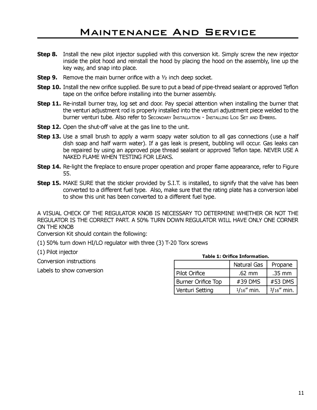 Enviro C-10794 owner manual Conversion instructions Natural Gas 