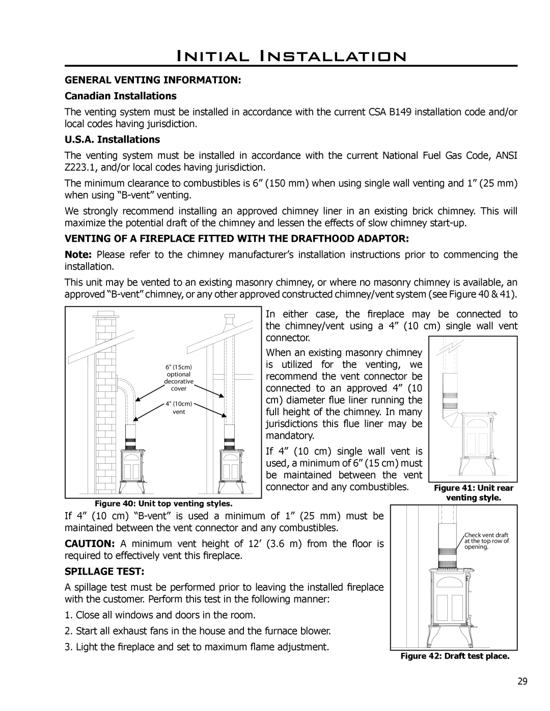 Enviro C-10794 owner manual General Venting Information, Canadian Installations, A. Installations, Spillage Test 