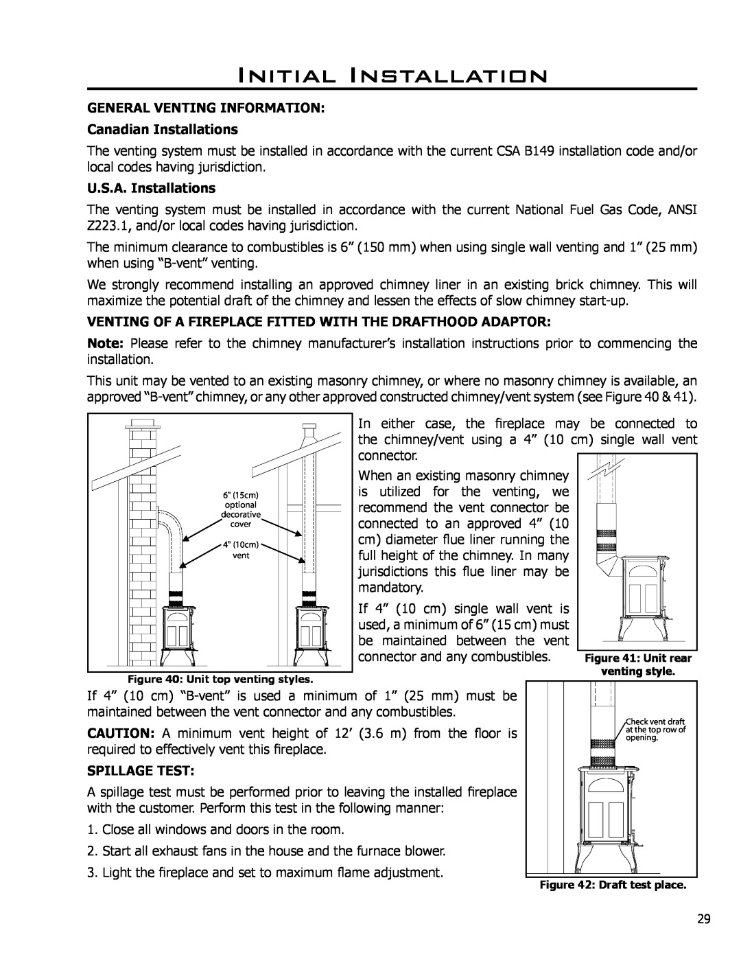Enviro C-10794 owner manual General Venting Information, Canadian Installations, U.S.A. Installations, Spillage Test 