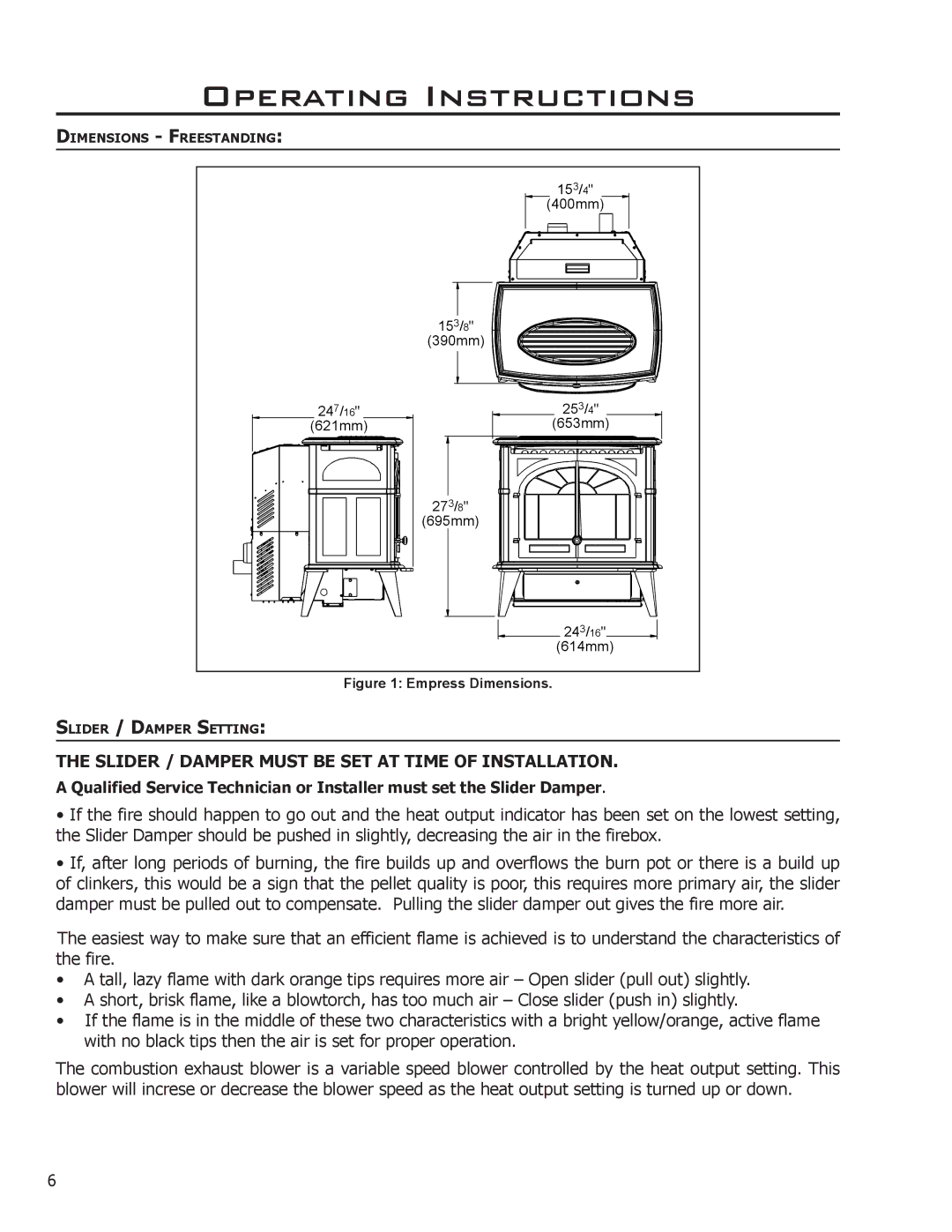 Enviro C-10804, Empress owner manual Operating Instructions, Slider / Damper Must be SET AT Time of Installation 