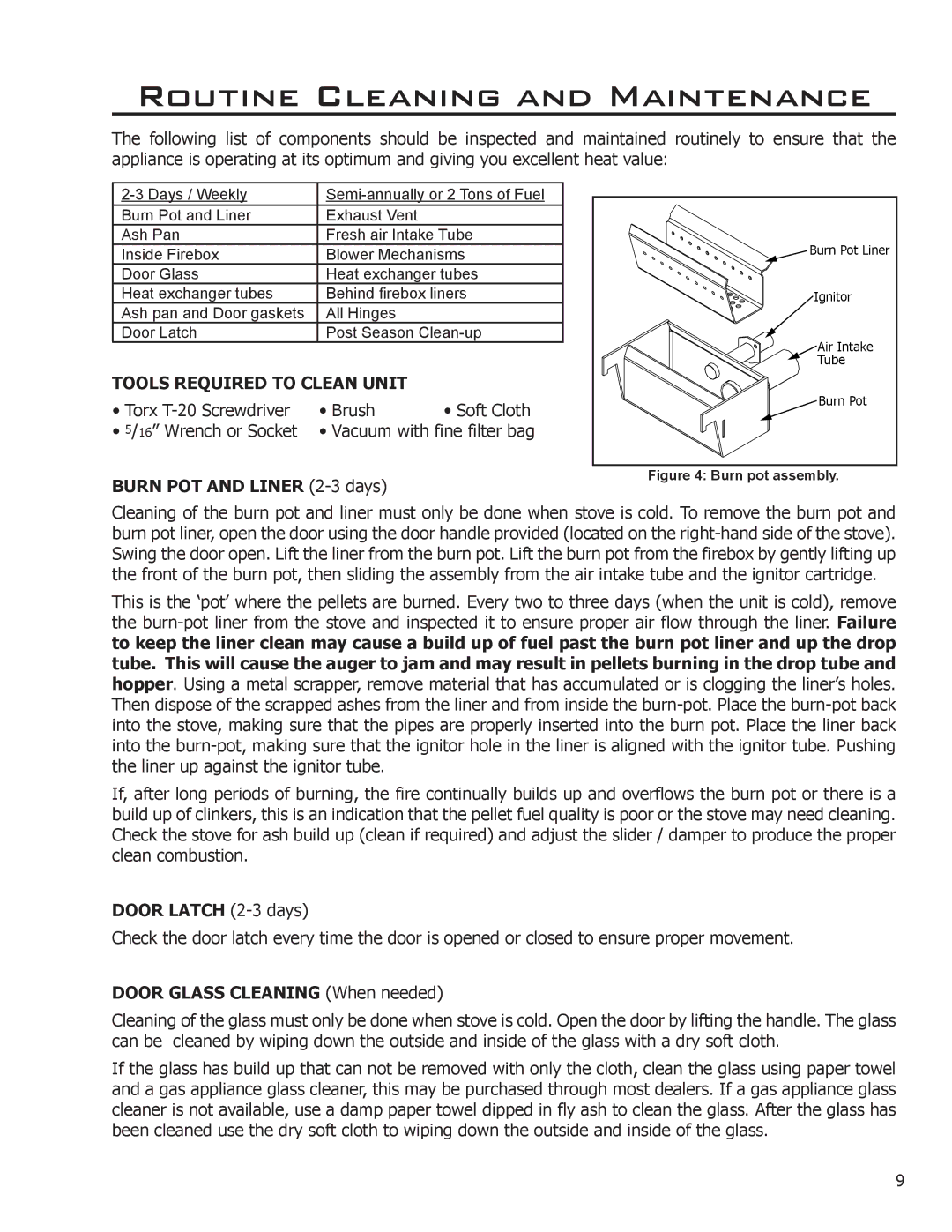 Enviro Empress, C-10804 Routine Cleaning and Maintenance, Tools Required to Clean Unit, Burn POT and Liner 2-3 days 