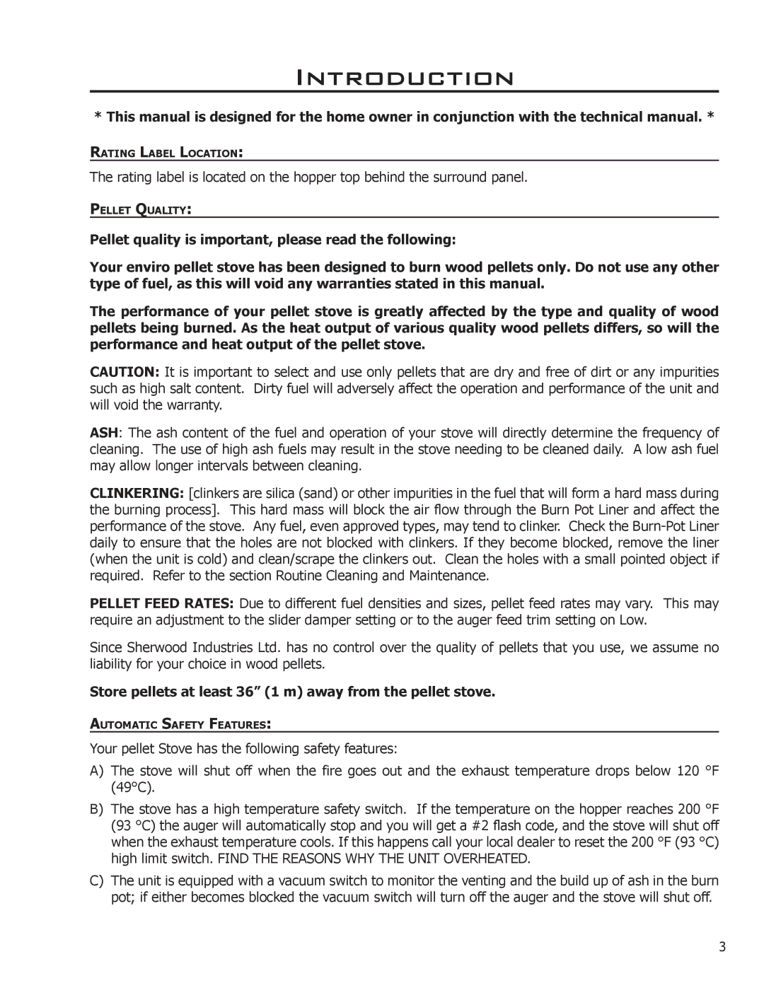 Enviro C-10808, 50-1385, C-11114 owner manual Introduction, Store pellets at least 36 1 m away from the pellet stove 